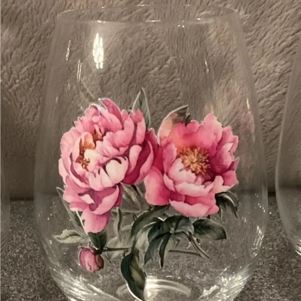 Wine Glasses Stemless Cottagecore Hand Decorated Set Of 4 Floral Peony & Roses